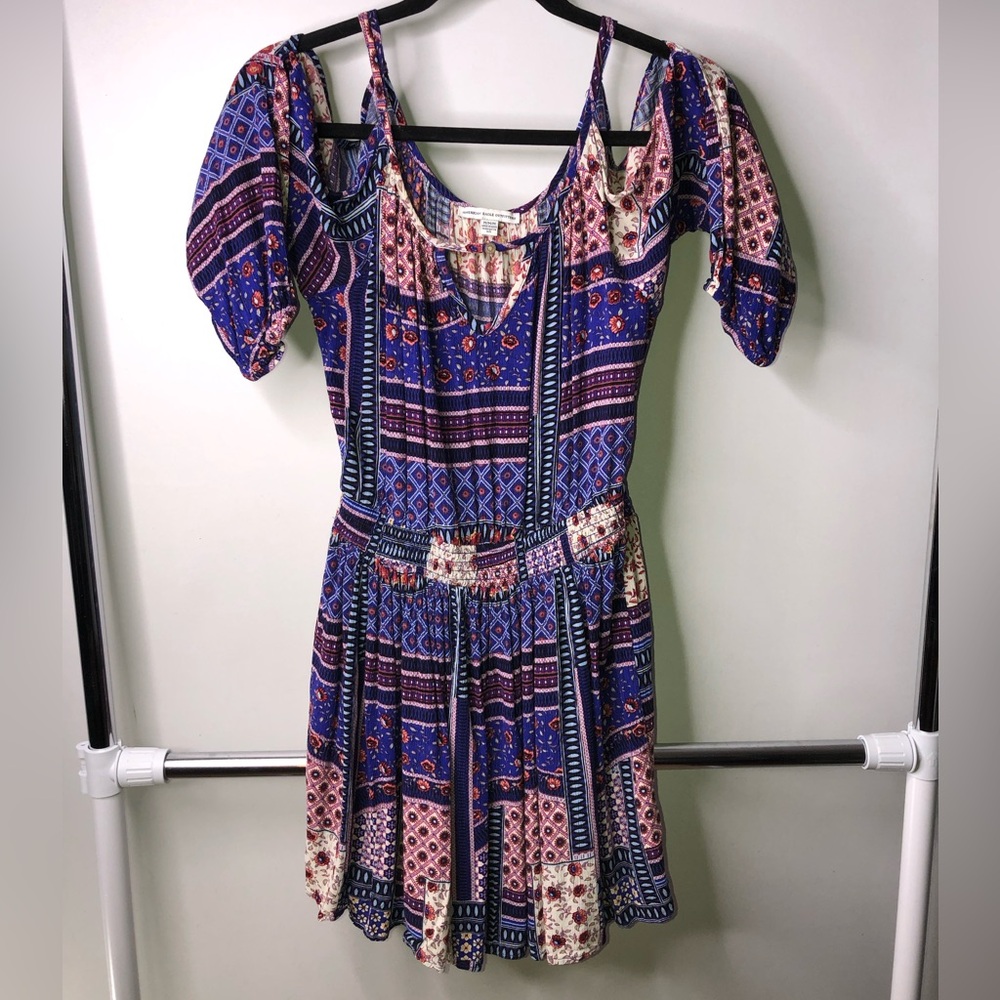 American Eagle Outfitters Blue Boho Patchwork Mini Medium Dress